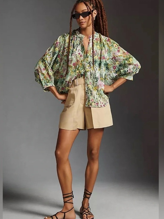 Pilcro Tops - Pilcro for Anthropologie Green Floral Button-Front Blouse with Pink Accents